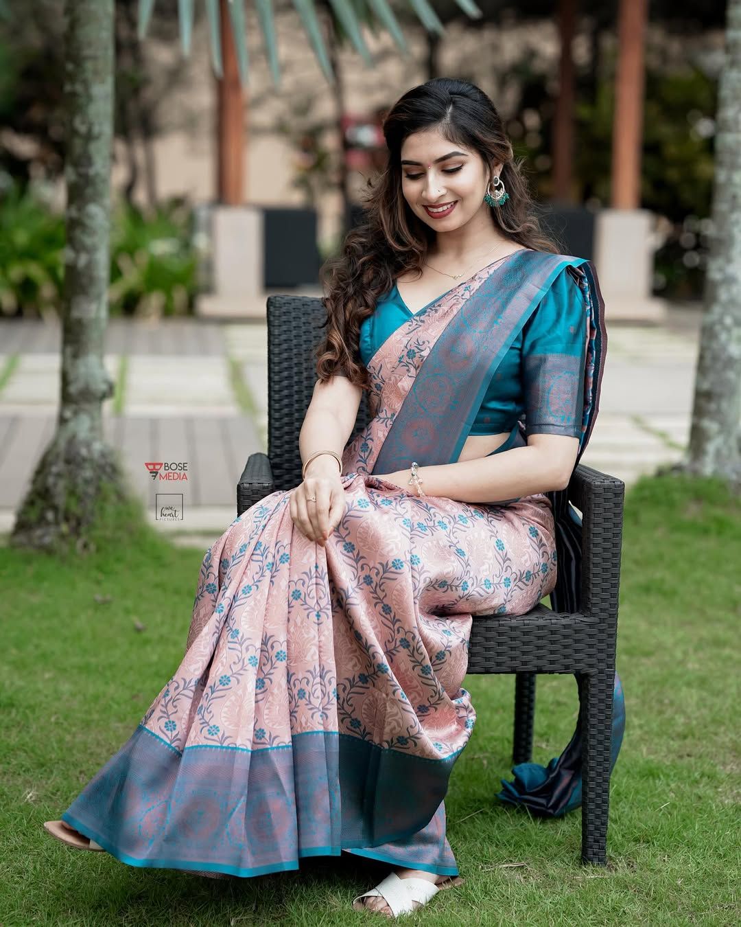 Pastel Peach Teal Banarasi Lichi Silk Saree Zari Work