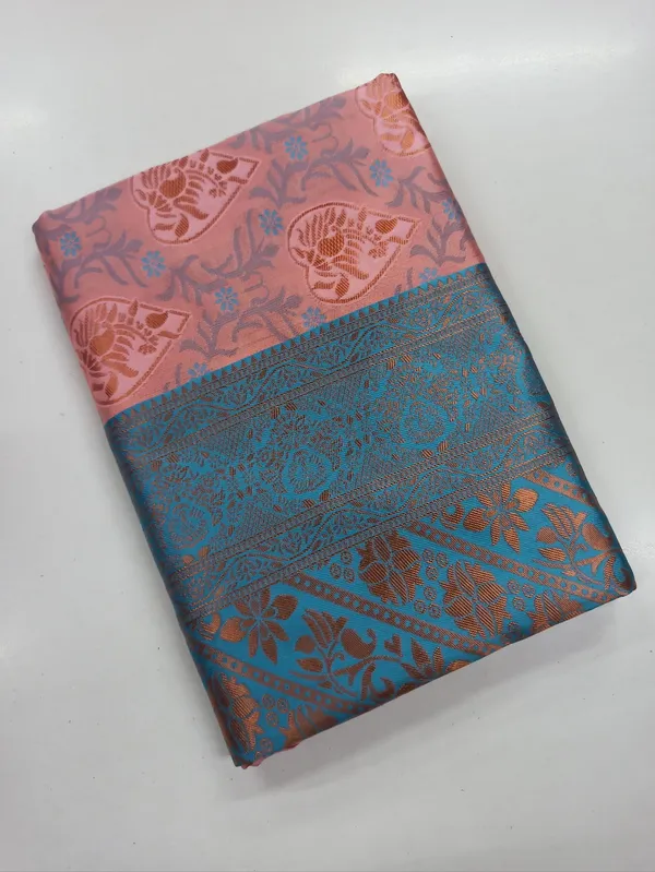 Pastel Peach Teal Banarasi Lichi Silk Saree Zari Work