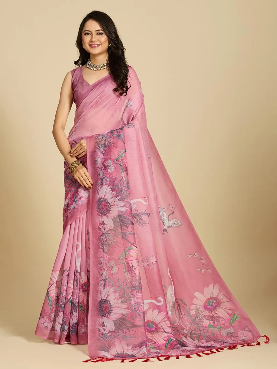 Elegant Pink Floral Cotton Designer Saree with Blouse