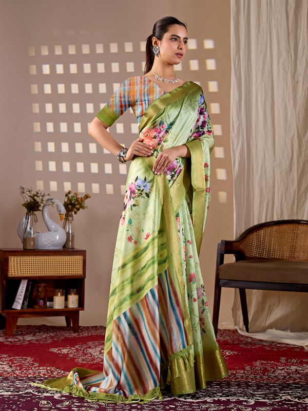 Elegant Green Floral Silk Saree with Golden Zari Border