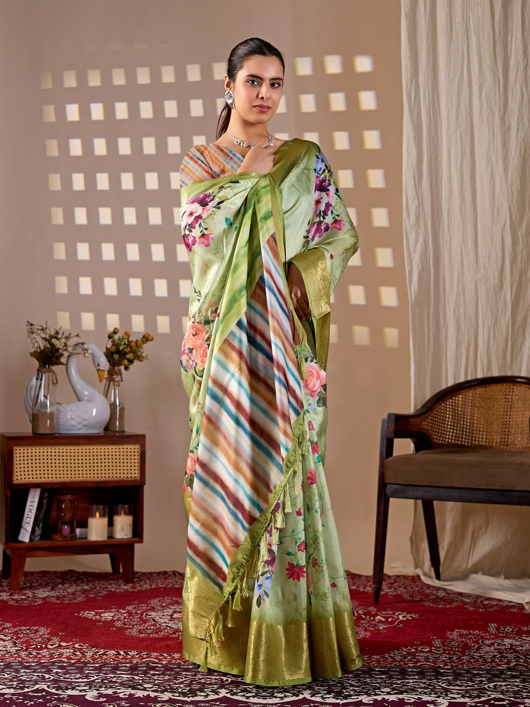 Elegant Green Floral Silk Saree with Golden Zari Border