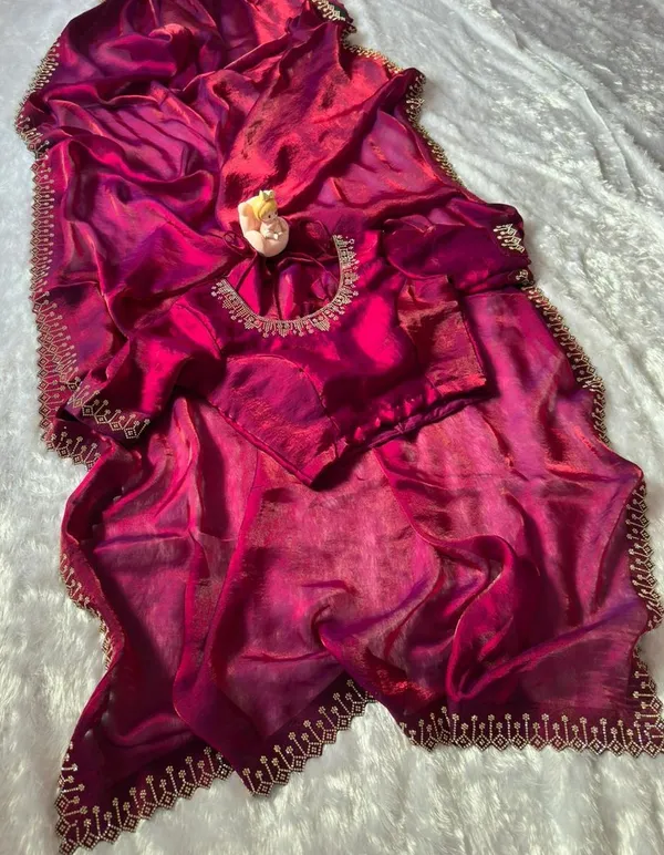 Designer Wine Silk Saree with Elegant Diamond Finish