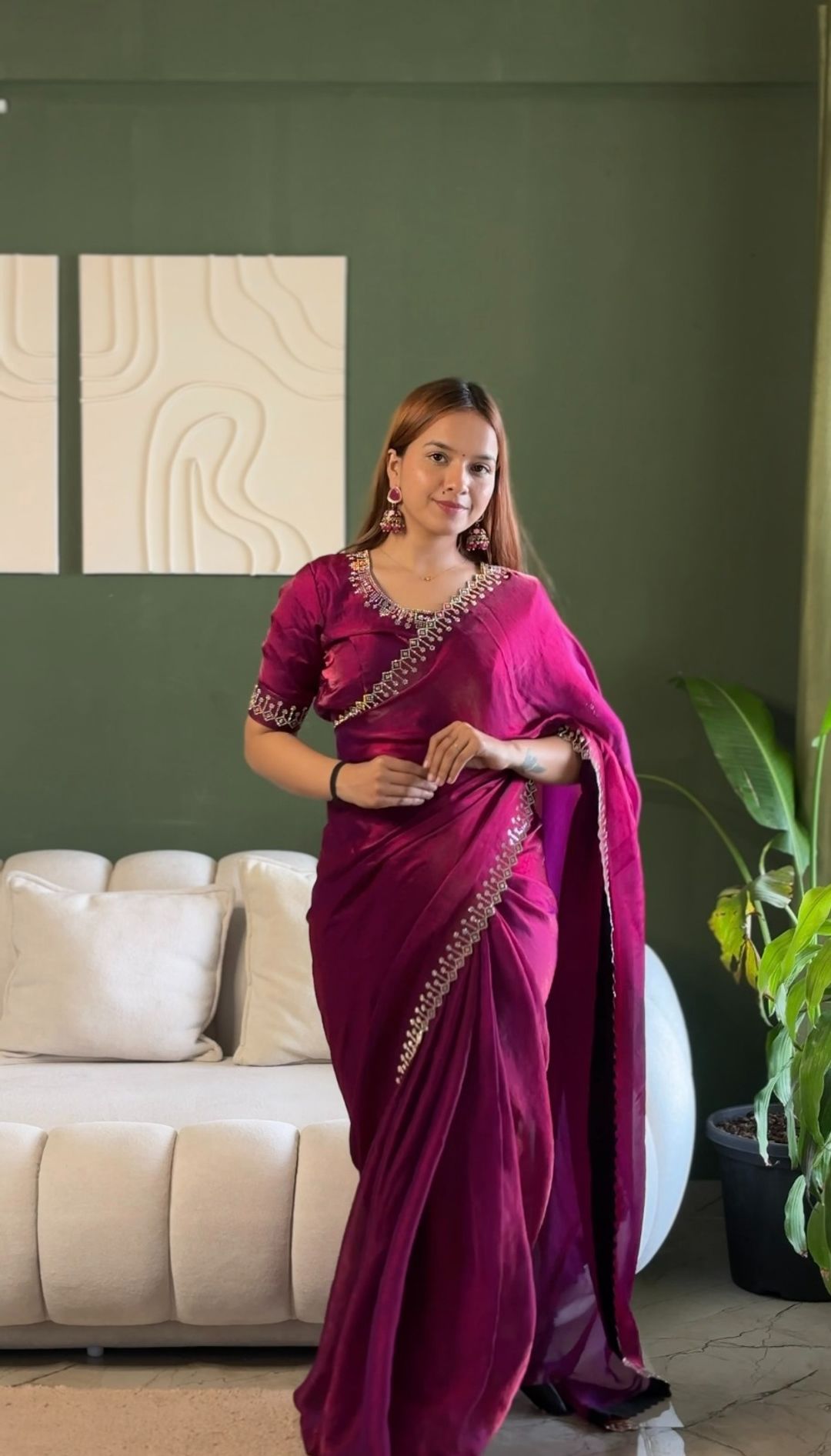 Designer Wine Silk Saree with Elegant Diamond Finish
