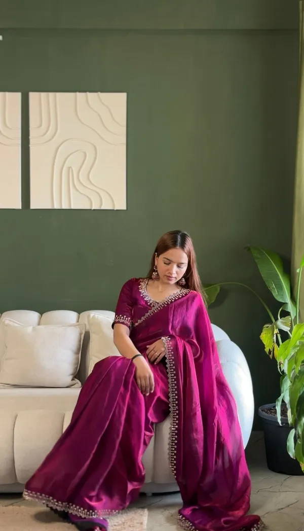 Designer Wine Silk Saree with Elegant Diamond Finish