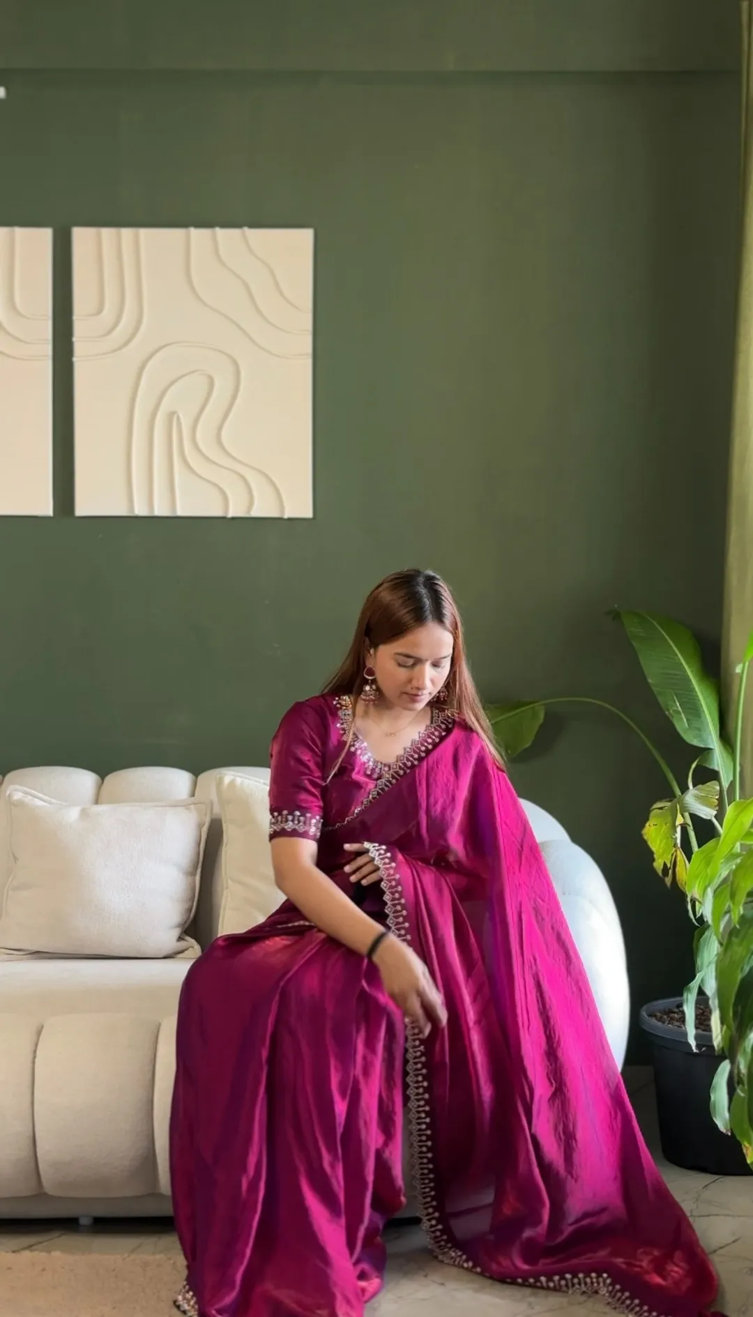 Designer Wine Silk Saree with Elegant Diamond Finish