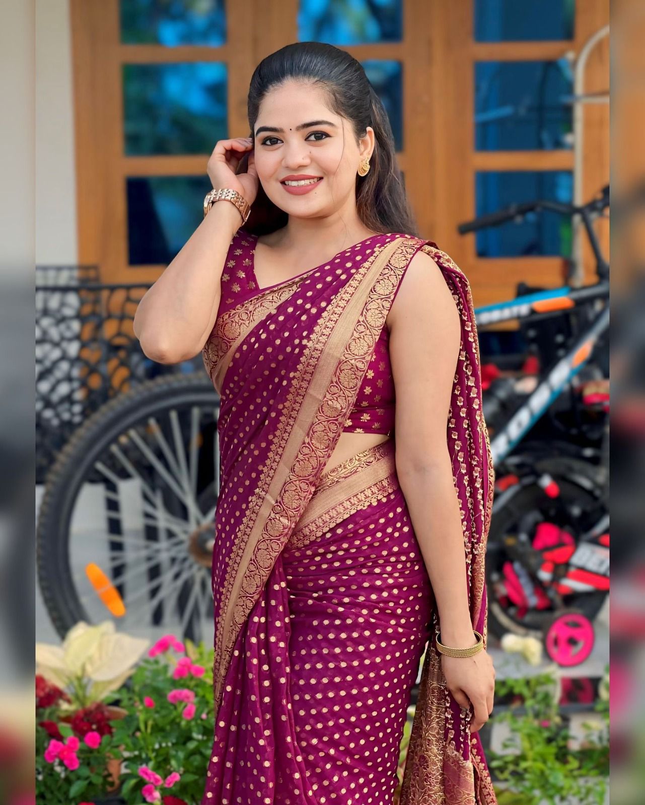 Maroon lichi silk saree