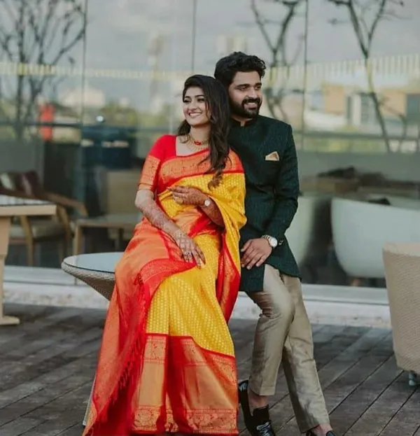 Red Yellow Soft Lichi Silk Saree with Rich Pallu & Jacquard Border