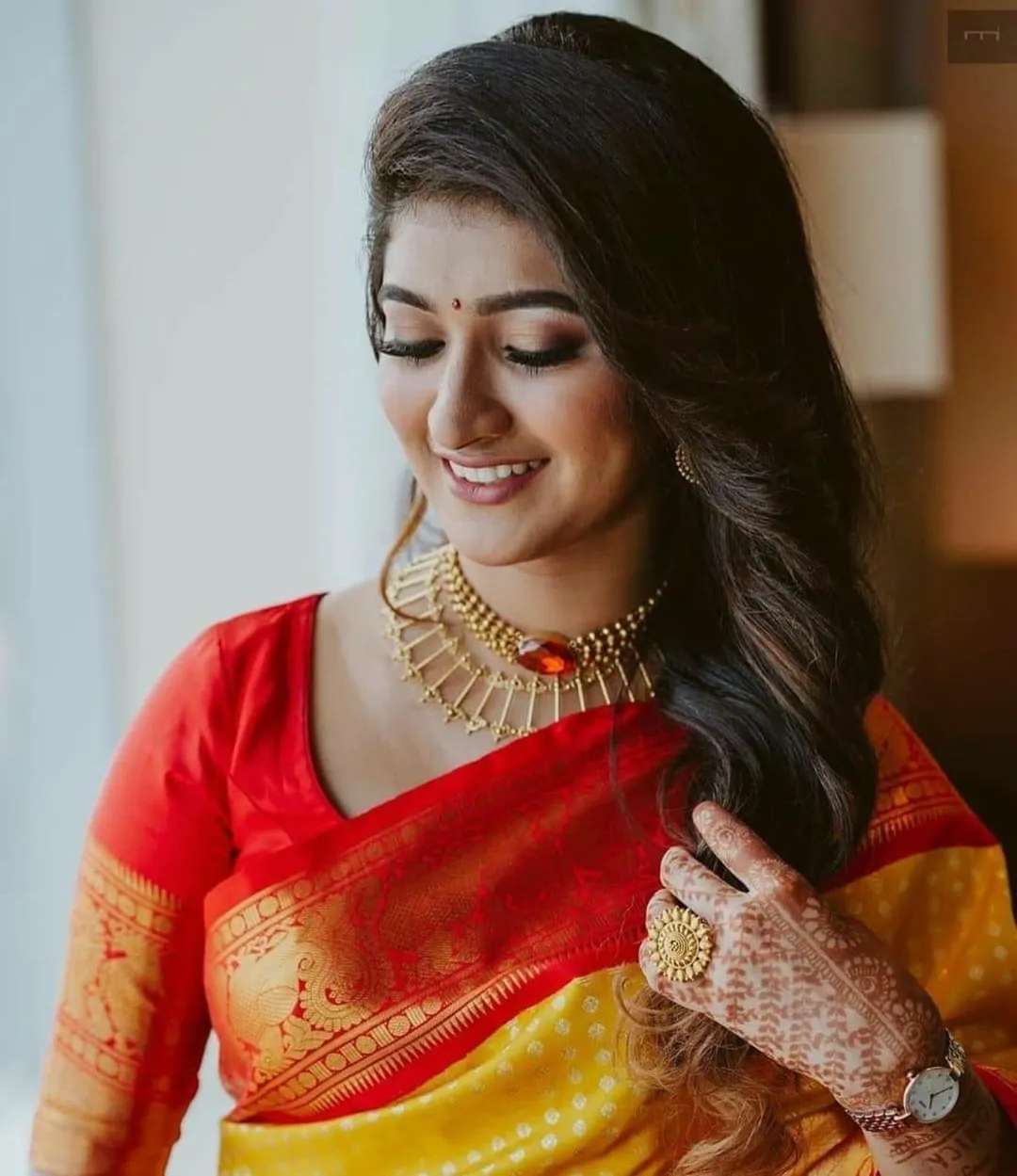Red Yellow Soft Lichi Silk Saree with Rich Pallu & Jacquard Border