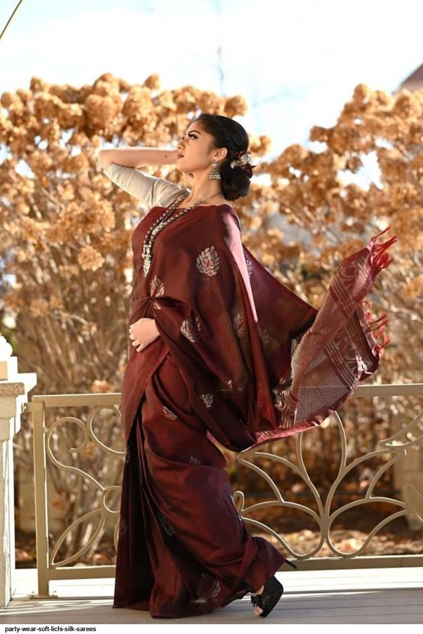 Maroon Soft Lichi Silk Saree with Silver Zari & Jacquard Border
