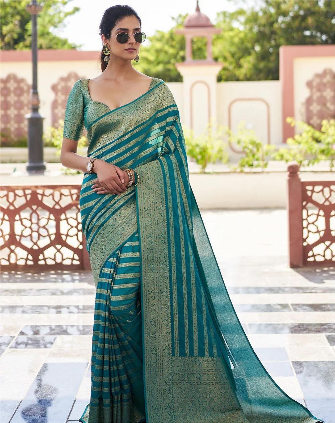 Teal Green Banarasi Soft Lichi Silk Saree with Zari Work