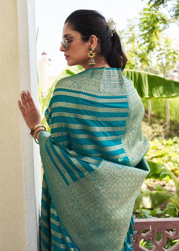 Teal Green Banarasi Soft Lichi Silk Saree with Zari Work