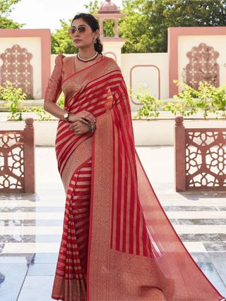 Red Zari Banarasi Lichi Silk Saree With Blouse Piece