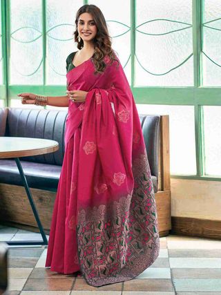 Rani Pink Lichi Silk Saree With Jacquard Border Pallu