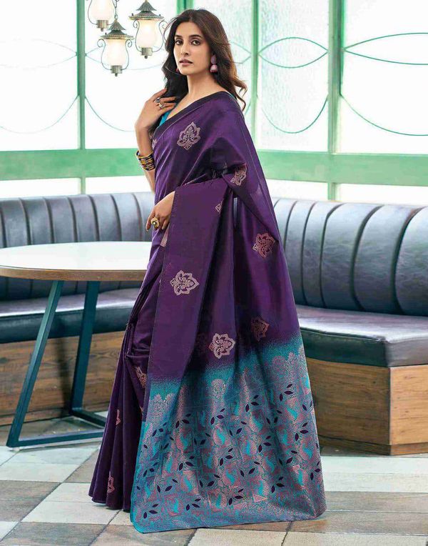 Purple Lichi Silk Saree With Teal Jacquard Border