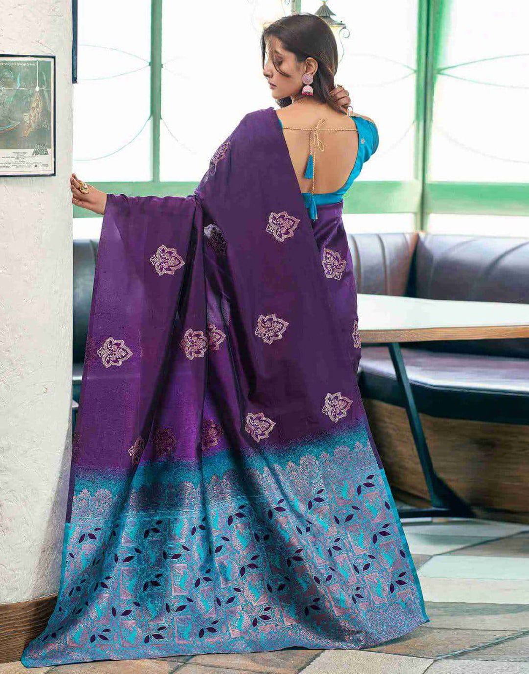Purple Lichi Silk Saree With Teal Jacquard Border