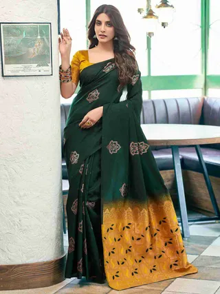 Bottle Green Lichi Silk Saree with Gold Jacquard Border