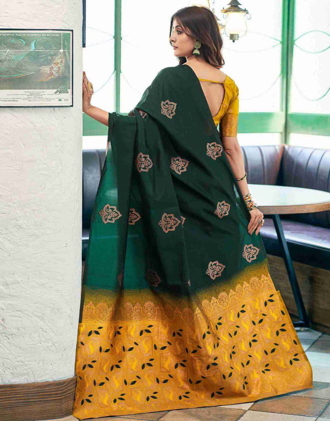 Bottle Green Lichi Silk Saree With Gold Jacquard Border