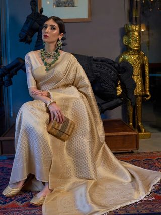 Cream Gold Lichi Silk Saree With Rich Jacquard Work