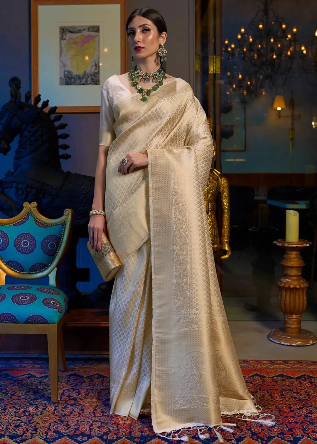Cream Gold Lichi Silk Saree With Rich Jacquard Work