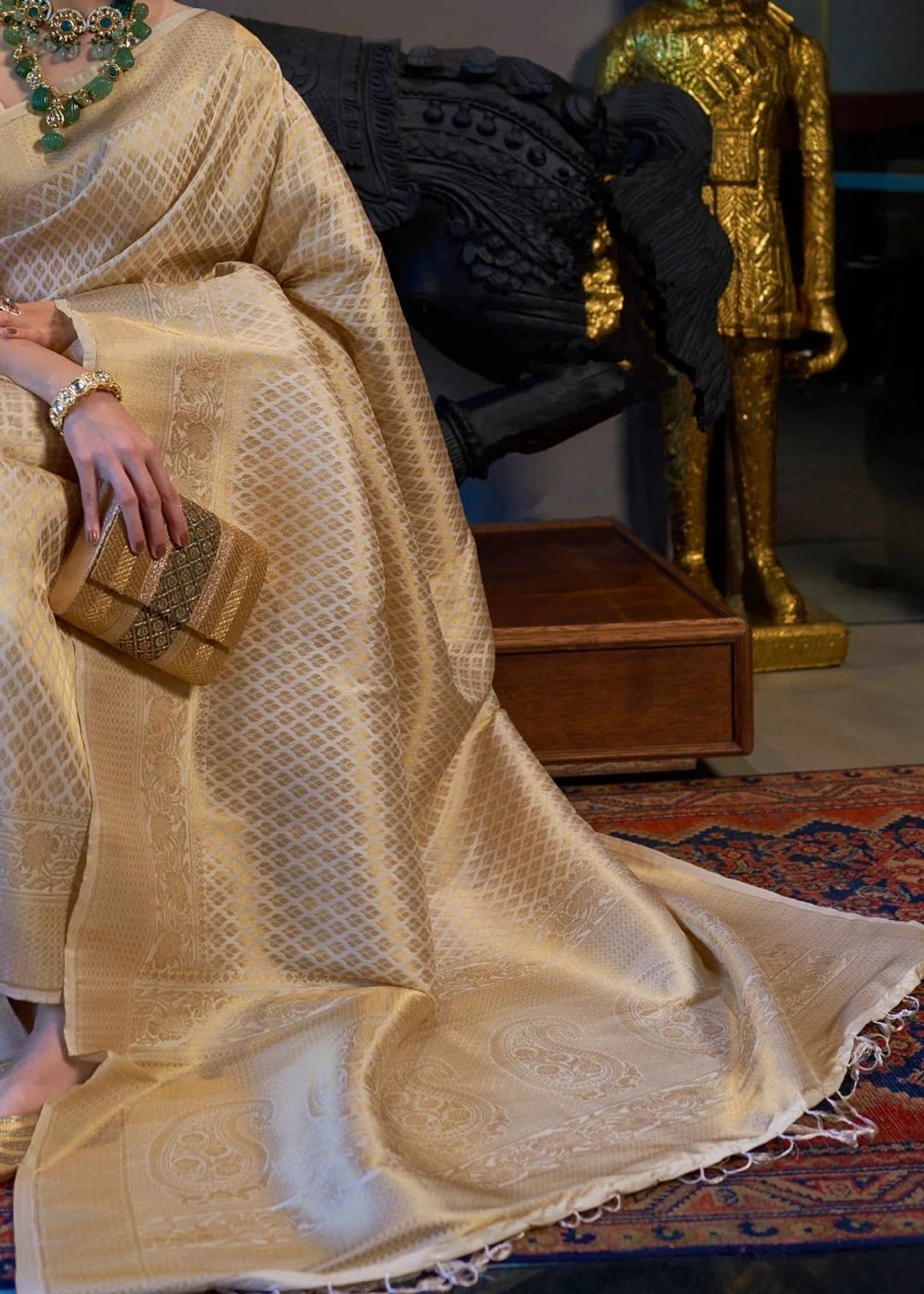 Cream Gold Lichi Silk Saree With Rich Jacquard Work