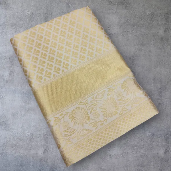 Cream Gold Lichi Silk Saree With Rich Jacquard Work