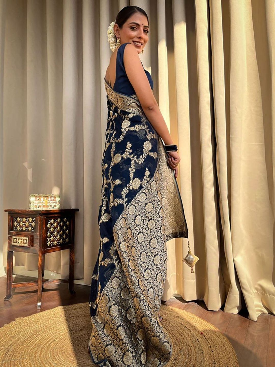 Navy Blue Banarasi Silk Saree With Gold Jacquard Work