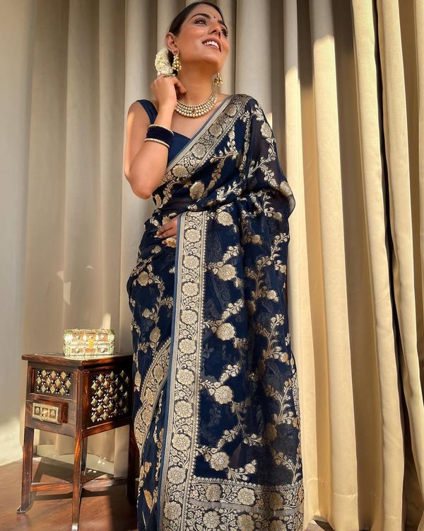 Navy Blue Banarasi Silk Saree With Gold Jacquard Work