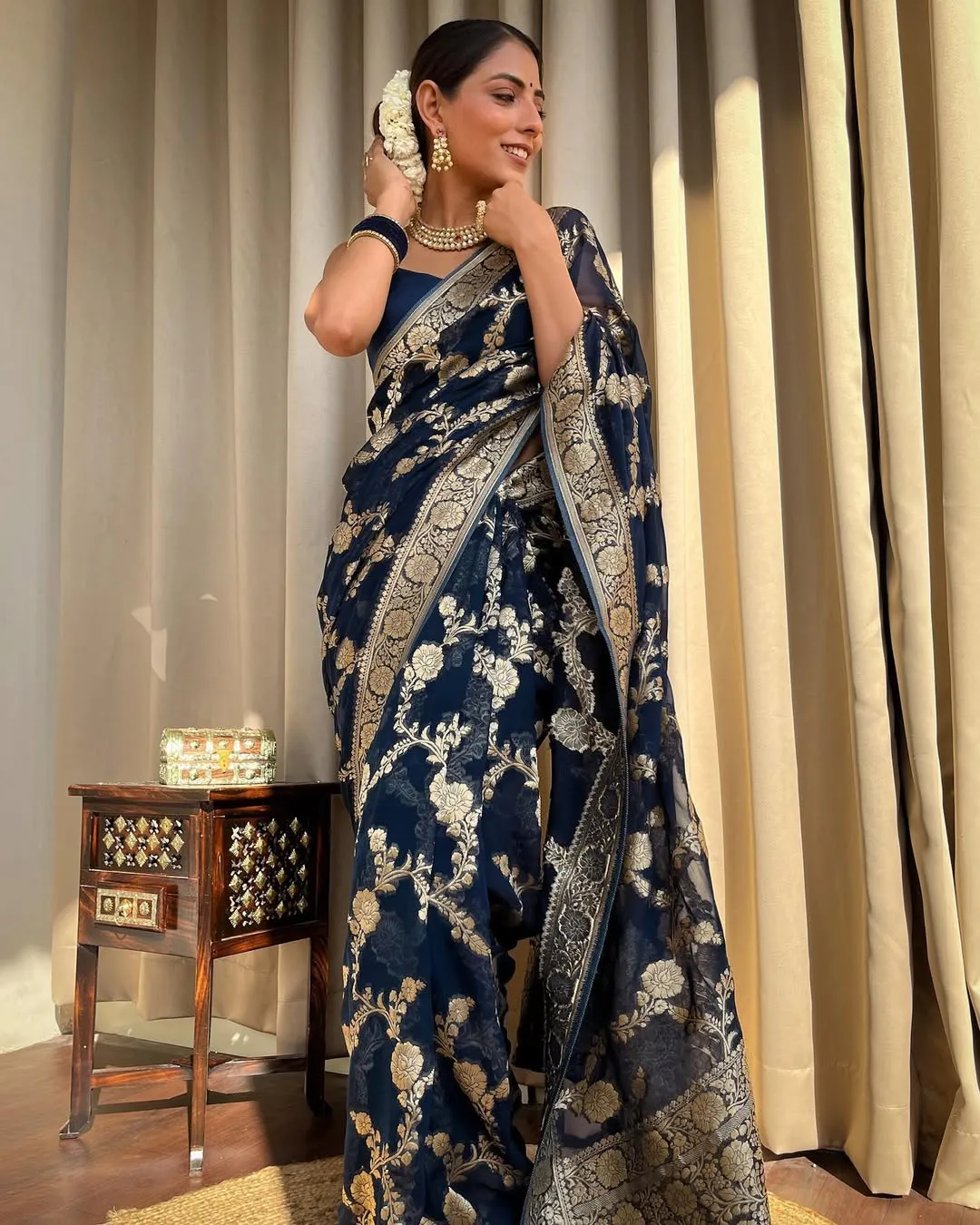 Navy Blue Banarasi Silk Saree With Gold Jacquard Work