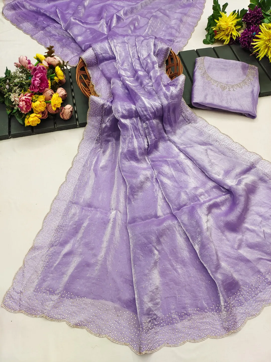 Elegant Lavender Silk Saree with Zarkan Diamond Border