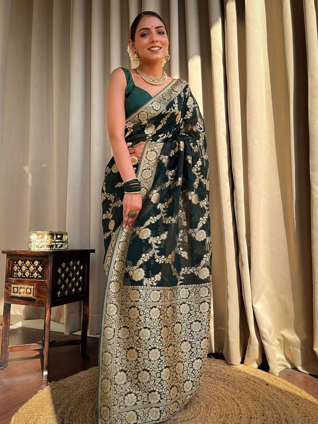 Dark Green Banarasi Silk Saree With Gold Jacquard Work