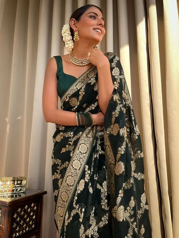 Dark Green Banarasi Silk Saree With Gold Jacquard Work