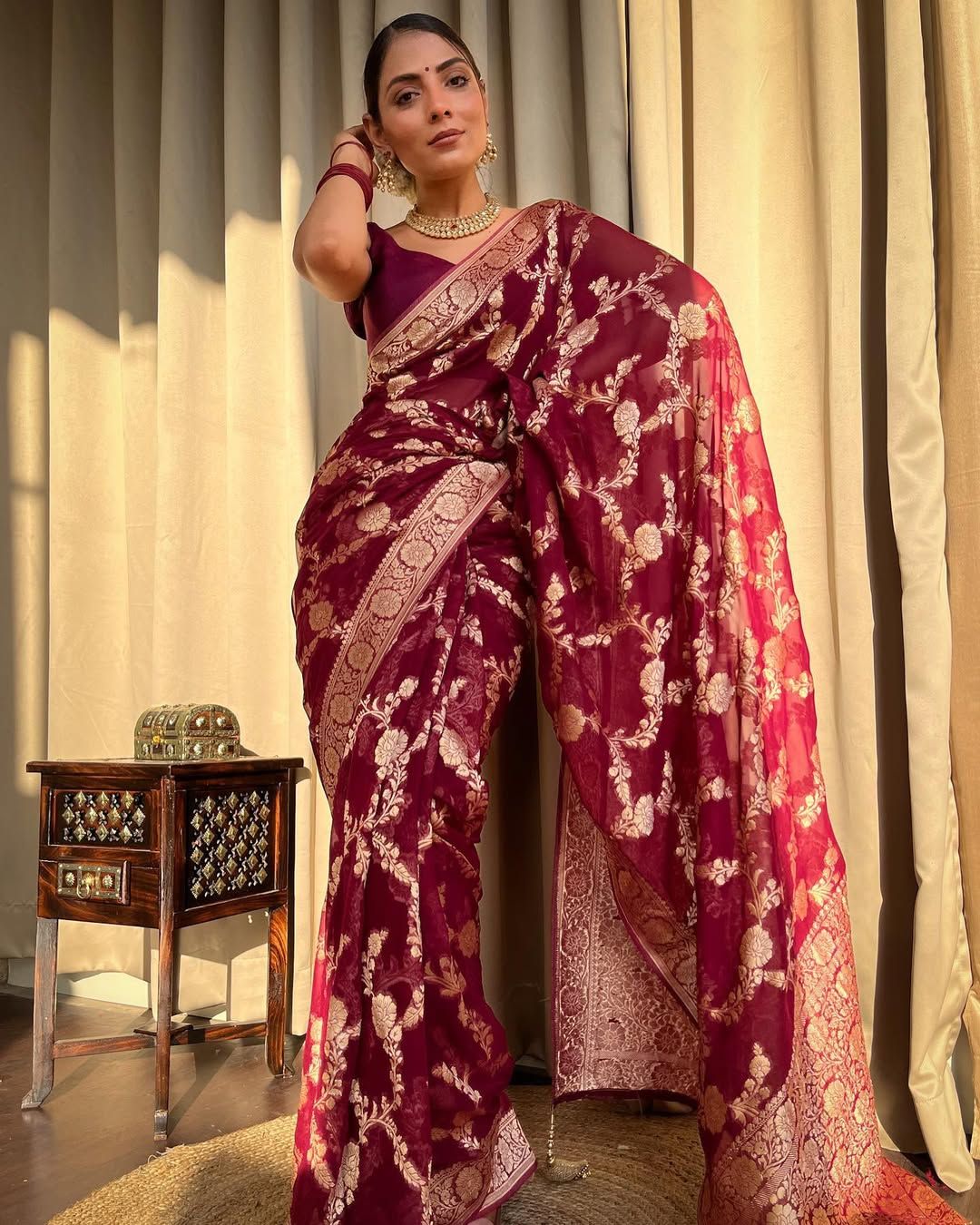 Maroon Banarasi Lichi Silk Saree With Zari Work