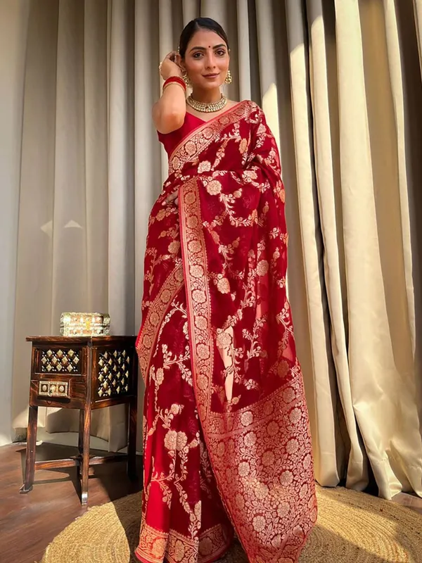 Red Banarasi Silk Saree With Gold Zari Floral Work