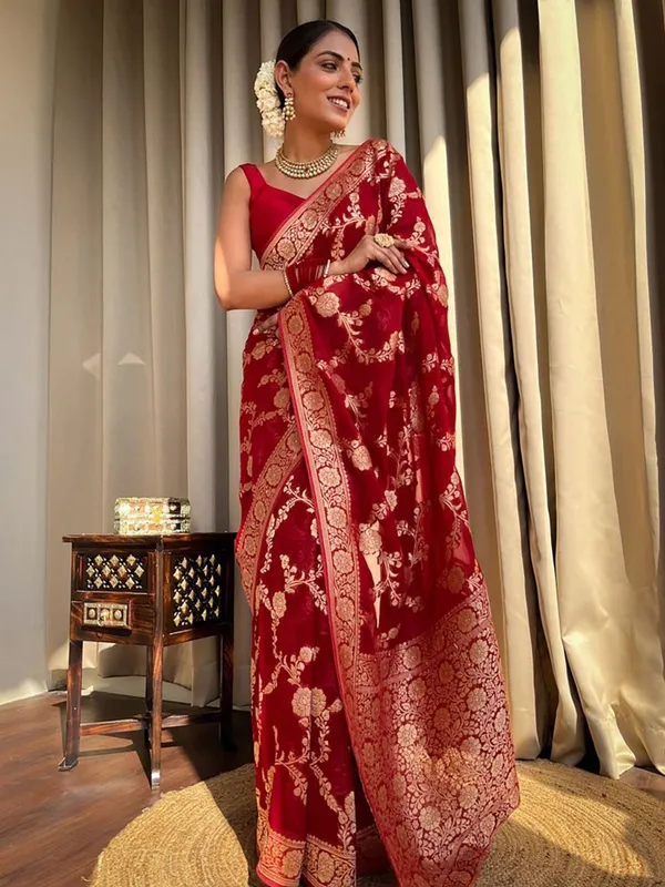 Red Banarasi Silk Saree With Gold Zari Floral Work