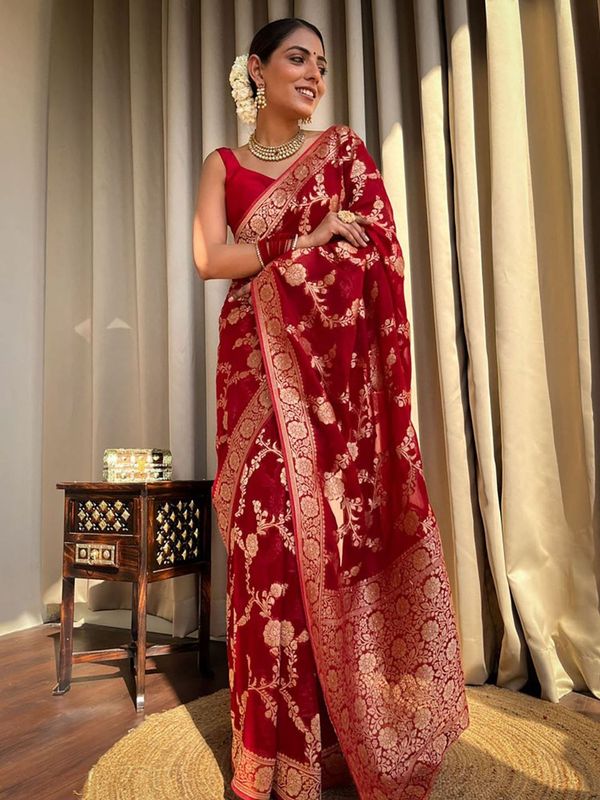 Red Banarasi Silk Saree With Gold Zari Floral Work