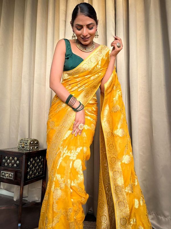 Yellow Banarasi Silk Saree With Rich Gold Zari Work