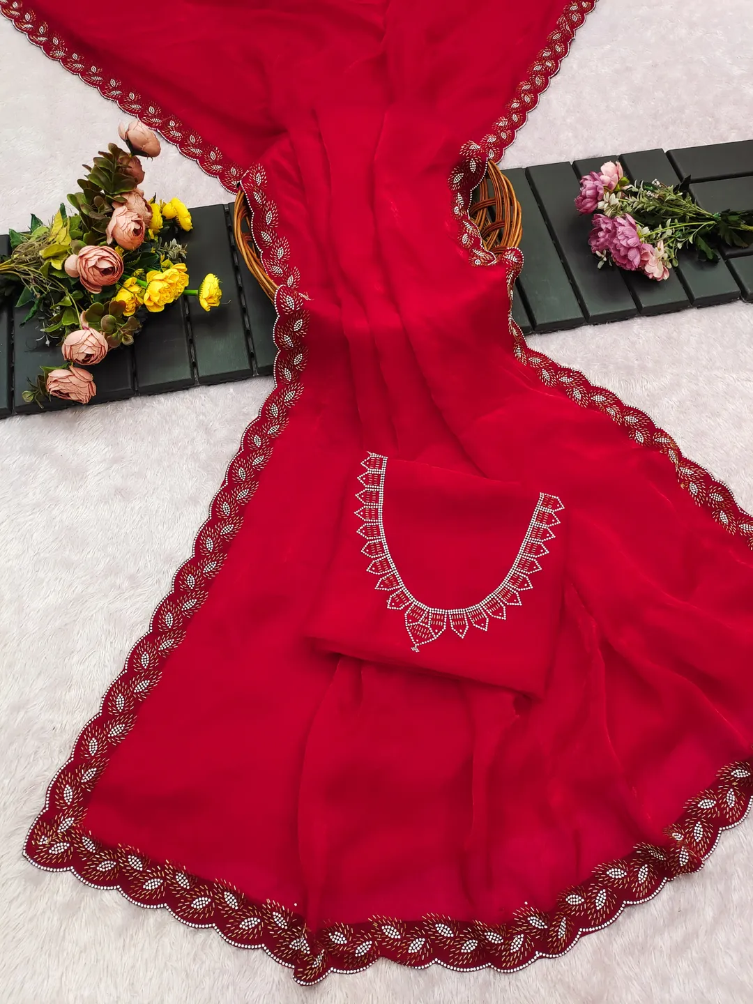 Elegant Red Zarkan Work Space Silk Saree with Blouse