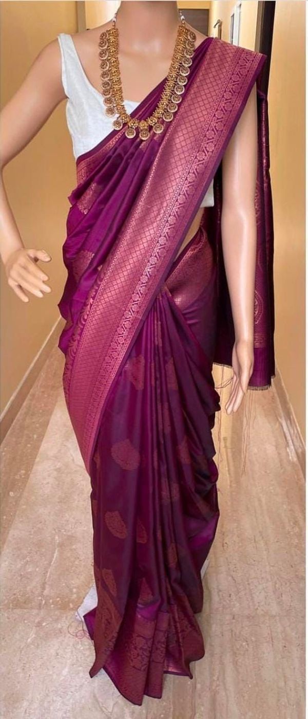 Wine Banarasi Silk Saree With Rich Zari Border Work