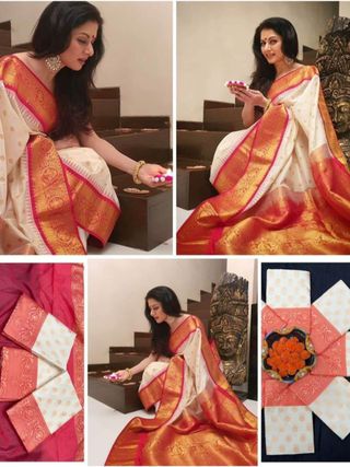 White Red Banarasi Silk Saree With Rich Zari Border
