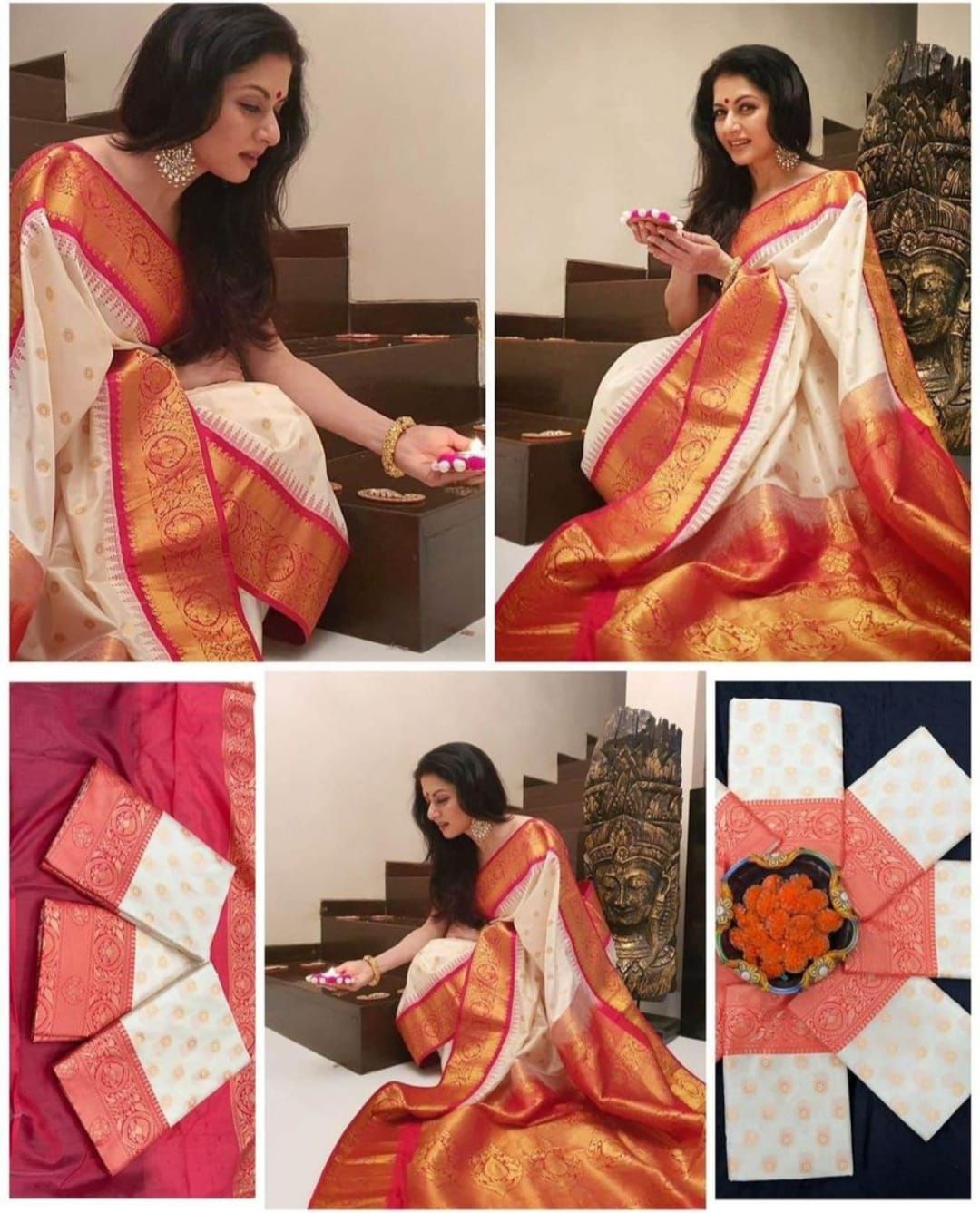 White Red Banarasi Silk Saree With Rich Zari Border