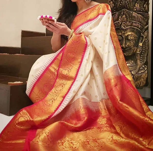 White Red Banarasi Silk Saree With Rich Zari Border