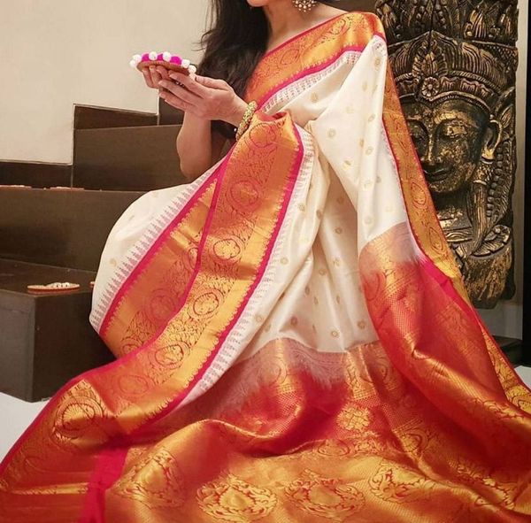 White Red Banarasi Silk Saree With Rich Zari Border