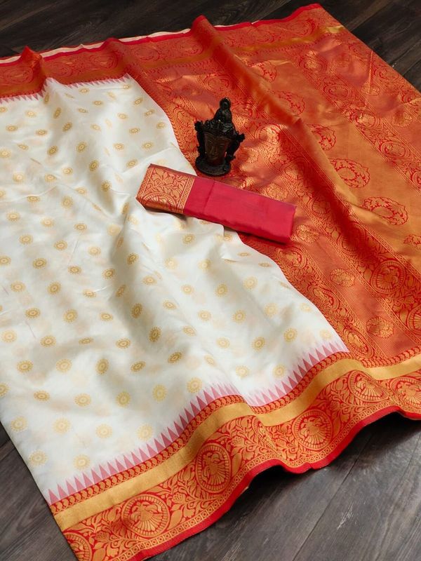 White Red Banarasi Silk Saree With Rich Zari Border