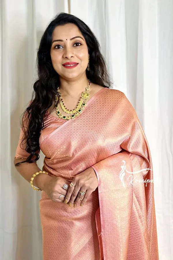 Peach Lichi Silk Saree with Rich Pallu & Jacquard Work
