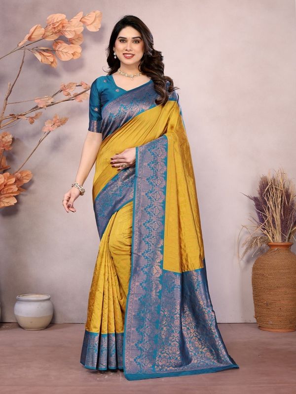 Mustard Teal Banarasi Soft Silk Zari Weave Saree