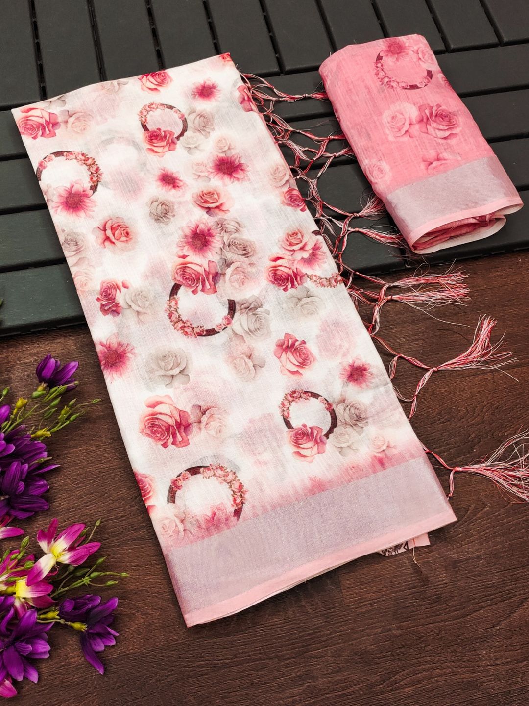 Pink Floral Printed Cotton Linen Saree with Tassels