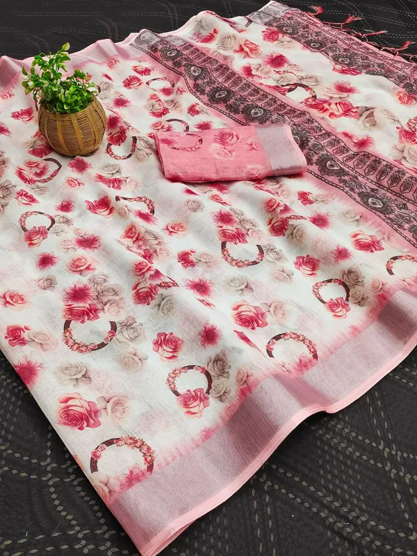 Pink Floral Printed Cotton Linen Saree with Tassels