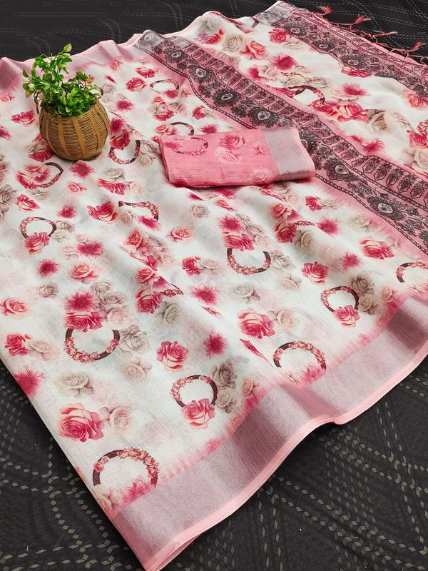 Pink Floral Printed Cotton Linen Saree with Tassels