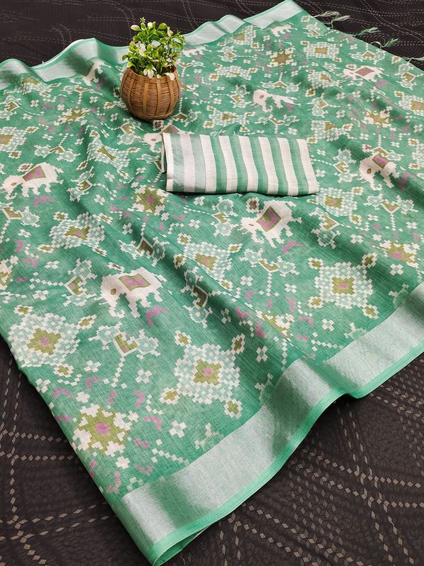 Sea Green Cotton Linen Printed Saree with Woven Border