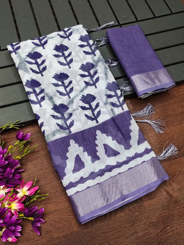 Purple Cotton Linen Printed Saree with Striped Pallu